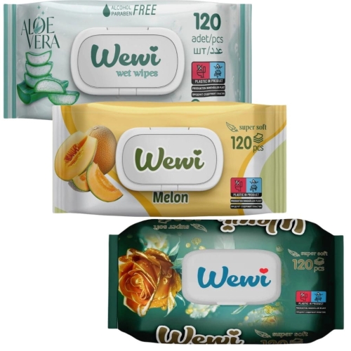 Chusteczki nawilżane Wewi Aloes, Melon i Rose 3x120szt
