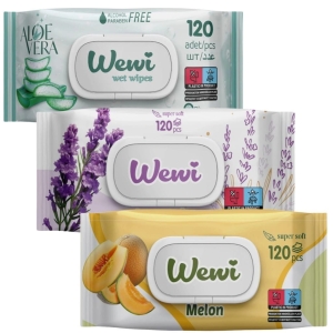 Zestaw Chusteczek nawilżanych WEWI Aloes, Lawenda, Melon 3x120szt delikatne