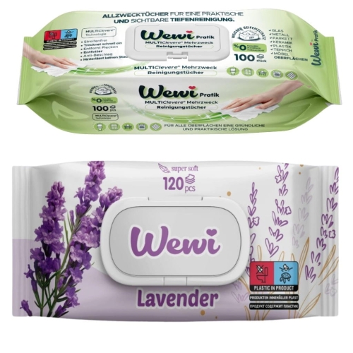 Ręczniki czyszczące Wewi z białym mydłem i chusteczki nawilżane Lawenda