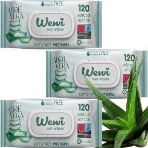 3x WEWI Aloe Vera chusteczki nawilżane 120 szt. bez alkoholu, delikatne,ALO