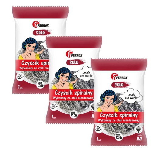 3x Czyścik spiralny stal szlachetna do różnych powierzchni Ferrox Solo r.M