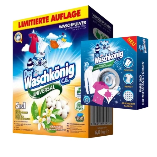 Zestaw Waschkonig proszek uniwers. orange 100p 6,0kg i chusteczki do prania