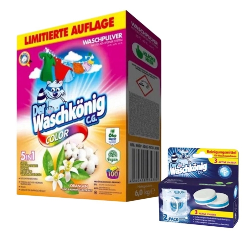 Zestaw Waschkonig proszek kolor orange 100pr 6,0kg i czyścik do pralki 2szt