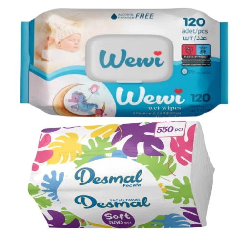 Chusteczki nawilżane Wewi baby 120szt i Desmal higieniczne 550