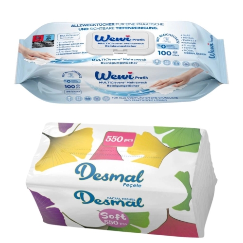 Wewi chusteczki czyszczące uniwersalne 100szt i Desmal higieniczne 550szt