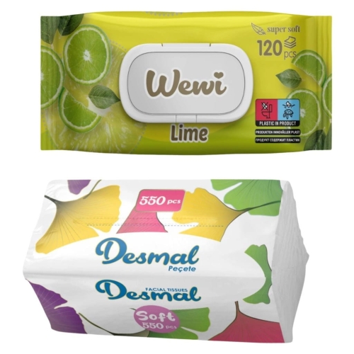 Chusteczki Wewi nawilżane Limonka 120szt i Desmal higieniczne 550