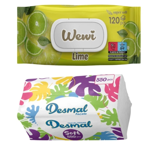 Chusteczki nawilżane Wewi Limonka 120szt i Desmal higieniczne 550