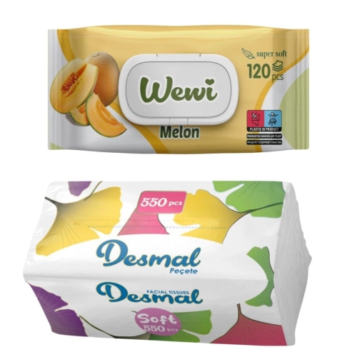 Wewi zestaw chusteczki nawilżane Melon 120szt i Desmal higieniczne 550szt