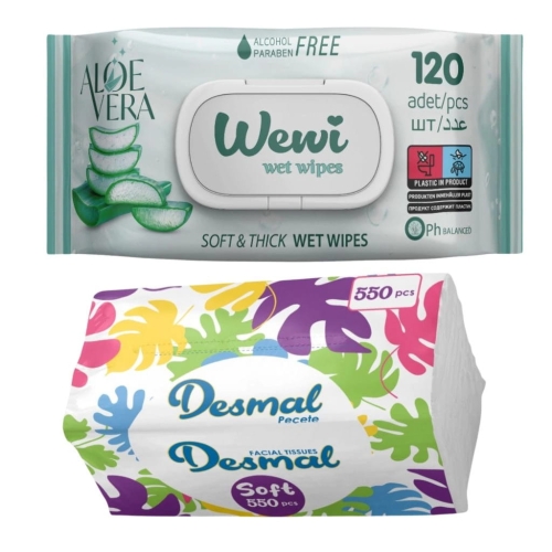 Wewi zestaw chusteczki nawilżane Aloes 120szt i Desmal higieniczne 550szt