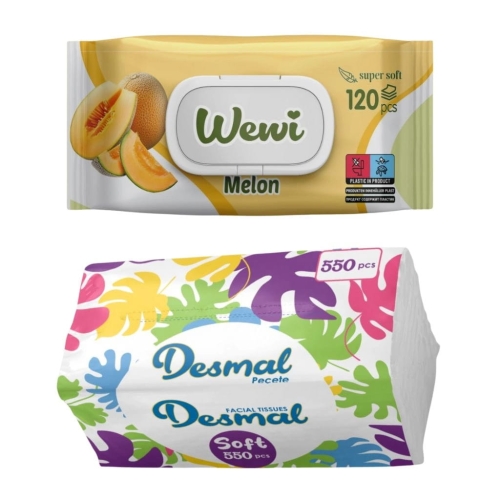 Wewi zestaw chusteczki nawilżane Melon 120szt i Desmal higieniczne 550szt