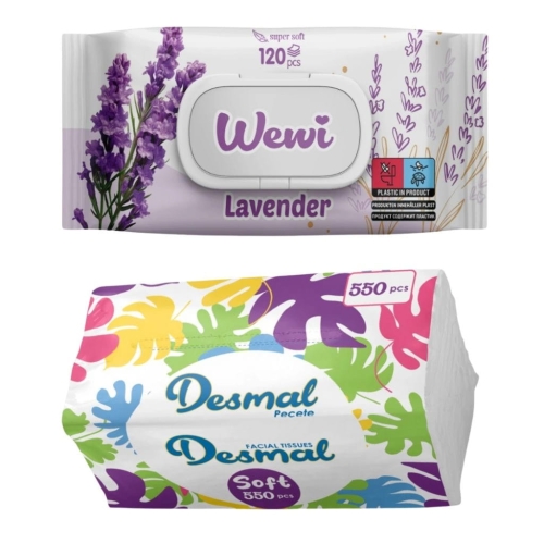 Wewi zestaw chusteczki nawilżane Lawenda 120szt i Desmal higieniczne 550szt