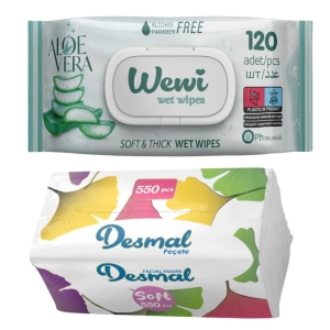 Wewi zestaw chusteczki nawilżane Aloes 120szt i Desmal higieniczne 550szt