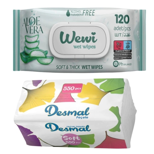 Chusteczki nawilżane Wewi Aloes 120szt i Desmal higieniczne 550