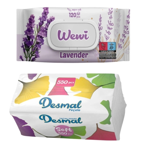 Wewi zestaw chusteczki nawilżane Lawenda 120szt i Desmal higieniczne 550szt