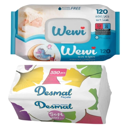 Chusteczki nawilżane Wewi baby 120szt i Desmal higieniczne 550