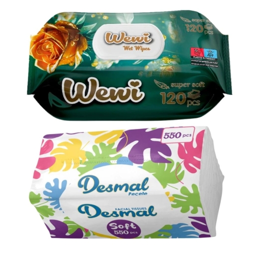 Wewi zestaw chusteczki nawilżane rose 120szt i Desmal higieniczne 550szt