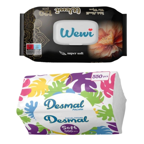 Wewi zestaw chusteczki nawilżane Flower 120szt i Desmal higieniczne 550szt