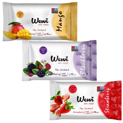 Chusteczki nawilżane Wewi owocowe torebkowe 3x15szt 3 rodzaje
