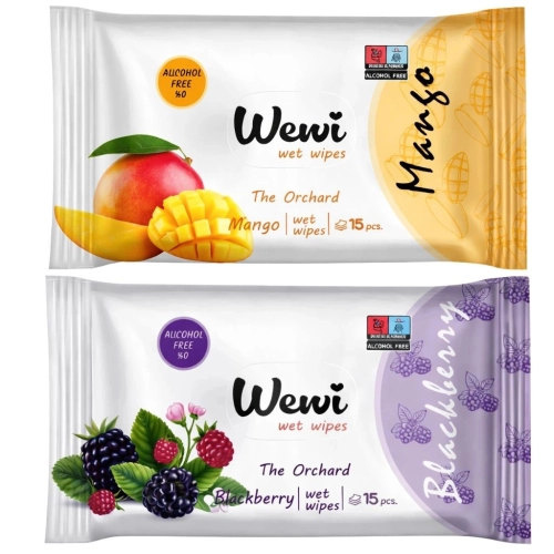 Chusteczki nawilżane torebkowe owocowe Wewi mango i jeżyna 2x 15szt
