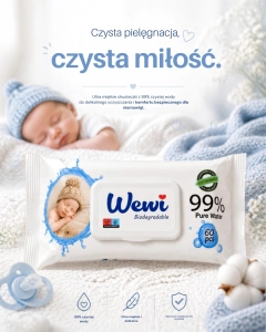 Wewi Biodegradable chusteczki nawilżane dla niemowląt,dzieci 99%wody 60szt.