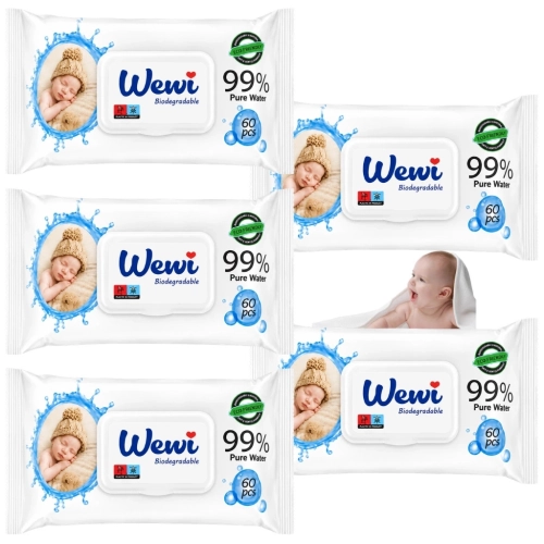 Chusteczki nawilżane dla niemowląt,dzieci 99%wody Wewi Biodegradable 5x60sz