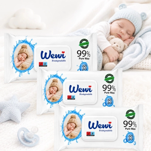 Chusteczki nawilżane dla niemowląt,dzieci 99%wody Wewi Biodegradable 3x60sz