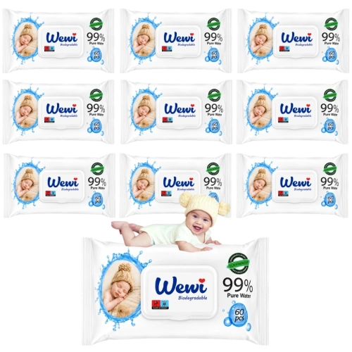 Chusteczki nawilżane dla niemowląt,dzieci 99%wody Wewi Biodegradable 10x60