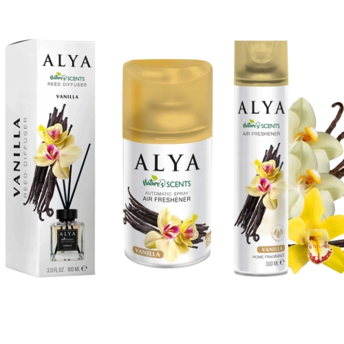 Zestaw Alya Wanilia dyfuzor 250ml odświeżacz 300ml patyczki zapachowe100ml
