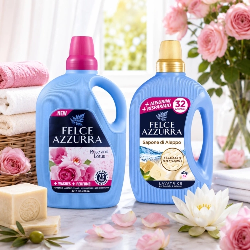 Felce Azzurra –zestaw do prania Sapone di Aleppo 1,595l + Rose & Lotus 3,0l